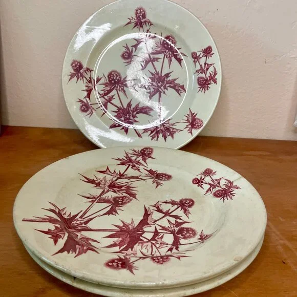 Antique French Ironstone Chardons Terre de Fer Belle Époque Dishes - Set of 3